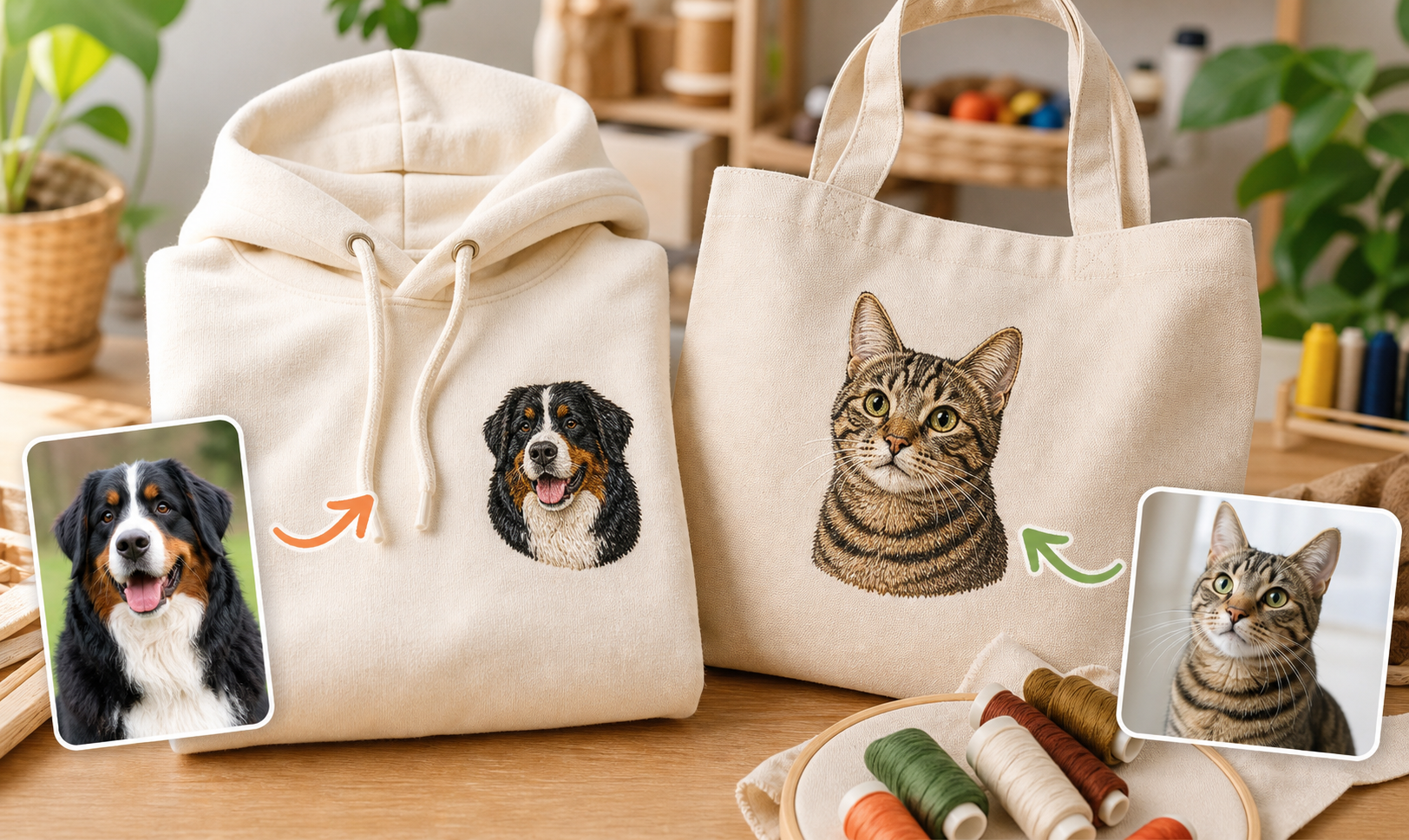 バーニーズとキジトラ猫の写真をパーカーとトートバッグ刺繍にした完成イメージ