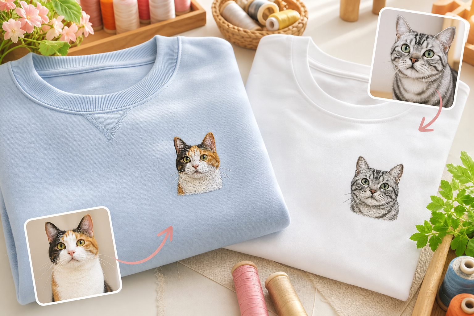 猫の写真をスウェットとTシャツの刺繍イメージにしたモックアップ