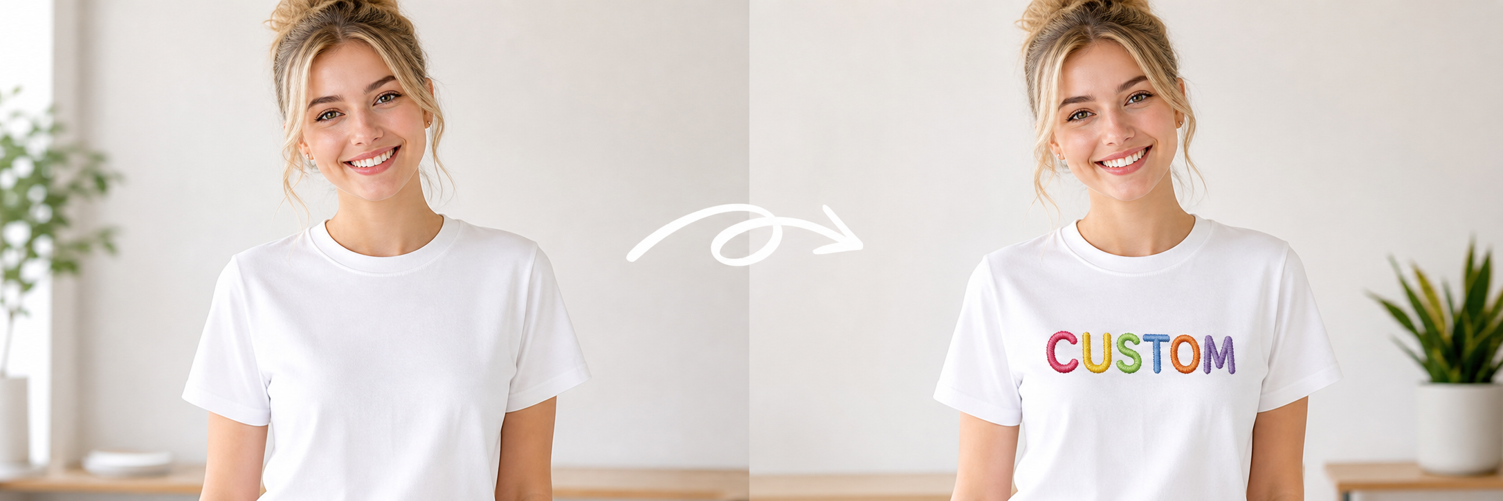 白いTシャツにカラフルな刺繍文字を入れるビフォーアフター