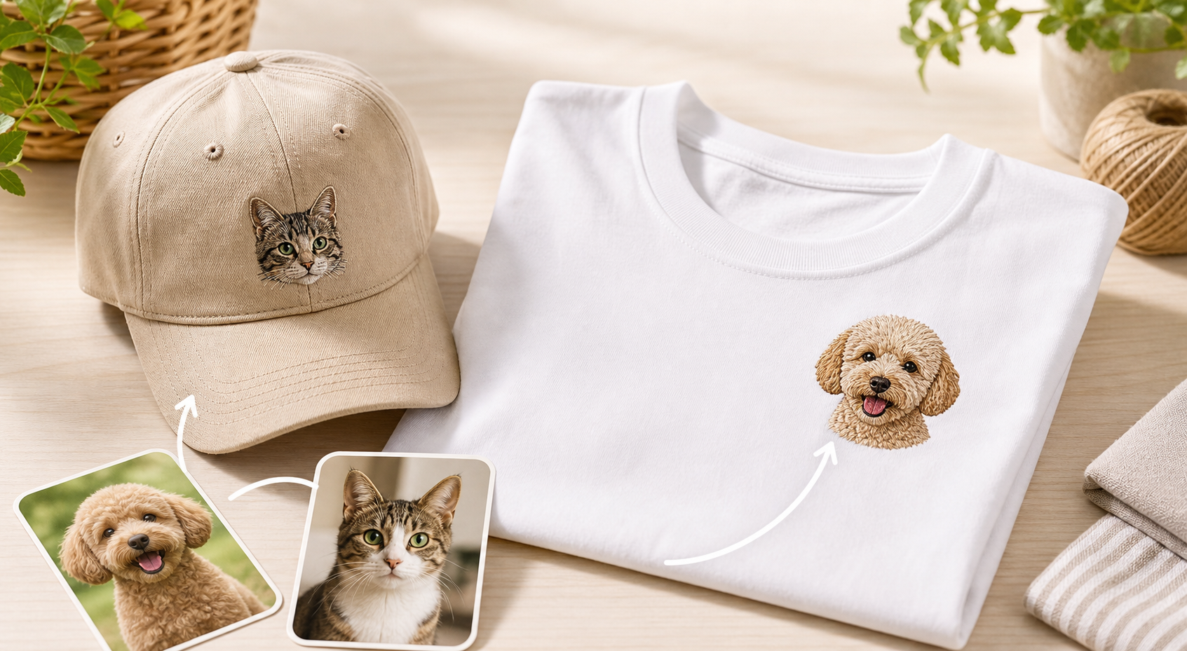 犬猫写真をTシャツやキャップの刺繍イメージにするモックアップ