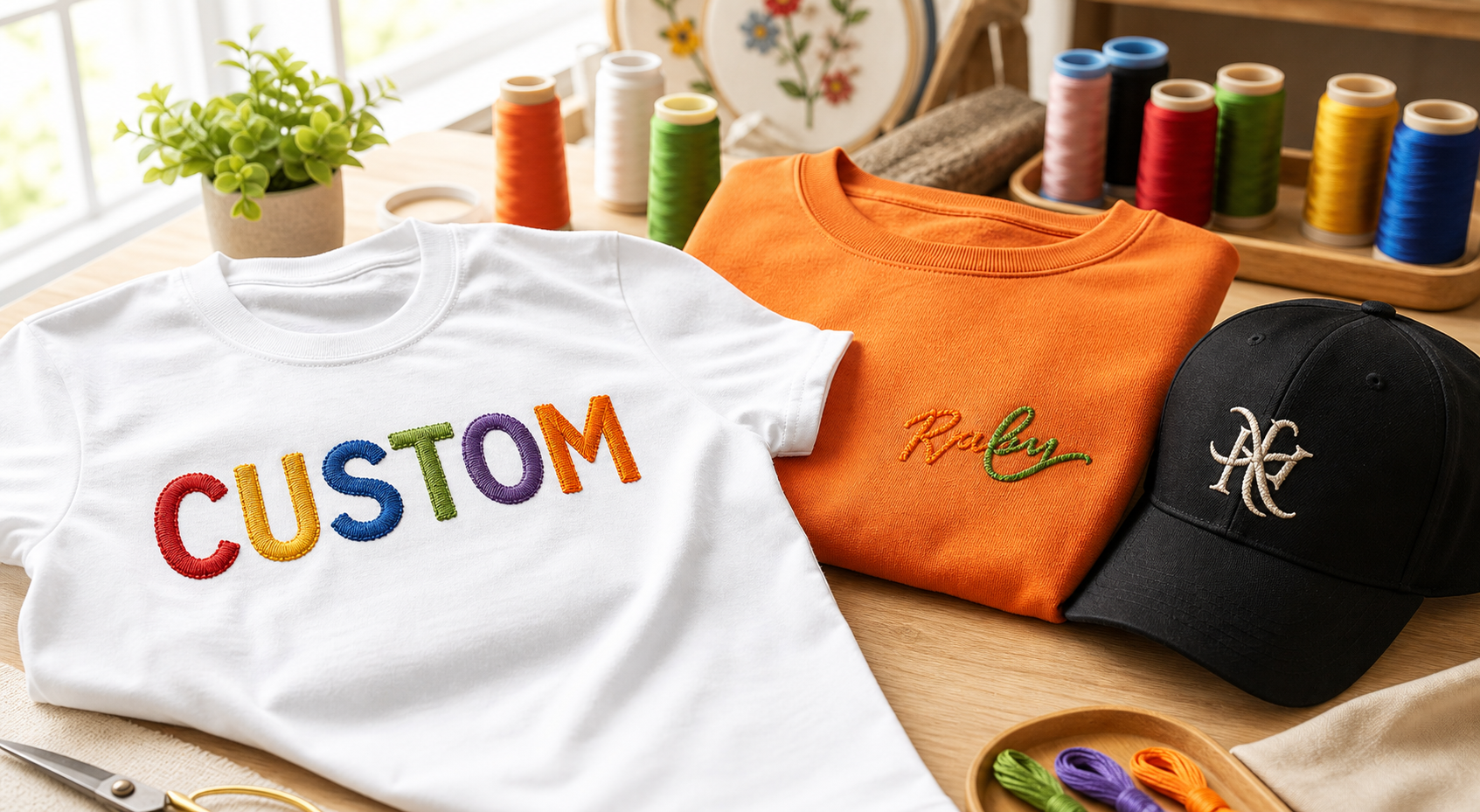 カラフルな文字刺繍のTシャツとキャップの完成イメージ